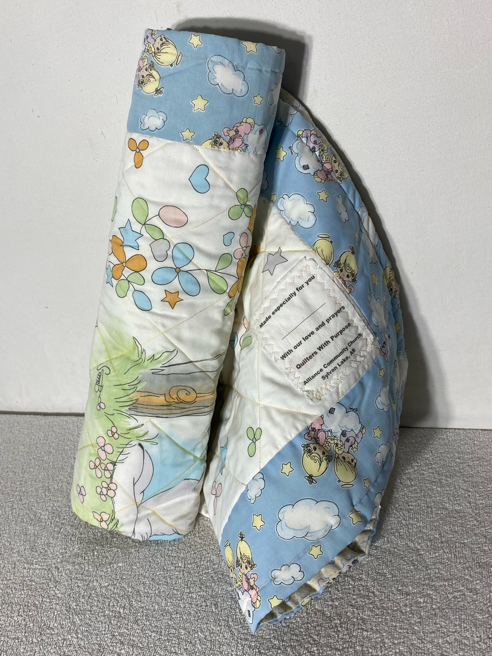 Vintage Handmade Precious Moments Quilt Baby Blanket Lamb Floral Clouds Blue